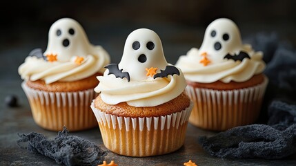 Spooky Halloween cupcakes with ghostly toppings and bat decorations at a festive gathering