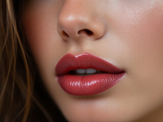 Close-up of glossy red lips with vibrant lipstick, exuding sensual beauty.