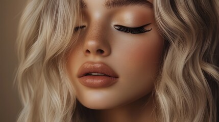 Naklejka premium Woman with long wavy jet blond hair, closed eyes, full mink lashes, and glam makeup