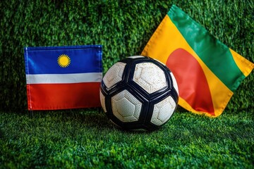 Fototapeta premium Romania vs Netherlands Euro 2025 Last 16 Football Match on Green Grass with National Flags