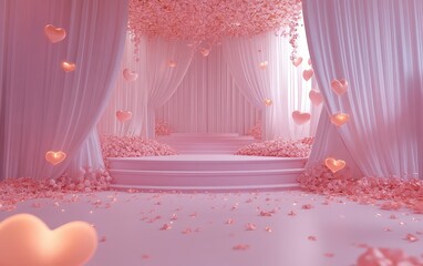 A vibrant stage adorned with shimmering hearts, radiating love and joy, perfect for a romantic Valentine's Day celebration.
