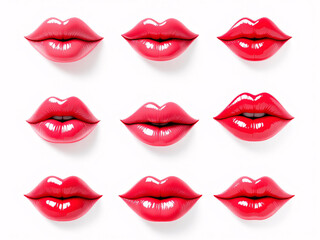 Obraz premium Nine pairs of glossy red lips in various expressive poses, evoking sensuality and allure.
