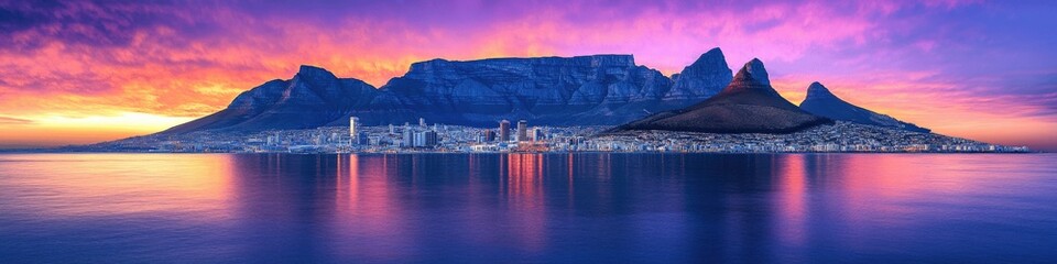 Stunning Panorama of Cape Town at Sunset | Table Mountain and Cityscape Reflection in Tranquil Ocean Waters Under Vibrant Pink and Purple Sky