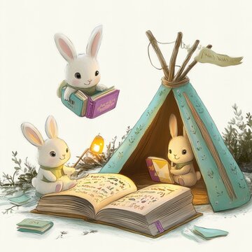 bunnies reading books near teepee clip art preview