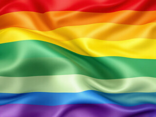 LGBTQ+ rainbow flag waving on pole against sky.