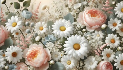 soft floral background featuring delicate white daisies and pastel-colored peonies, creating a fresh, light design. Generative AI