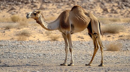 Camel stands on rocky terrain in desert during daylight observing surroundings in arid landscape