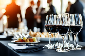 Wine Glasses Filled with Red Wine Stand on Table at Formal Event with Blurred Guests