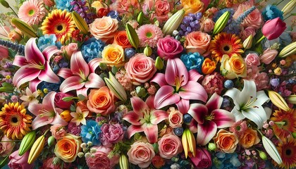 vibrant bouquet of mixed flowers including roses, lilies, and tulips, creating a lively and colorful background. Generative AI