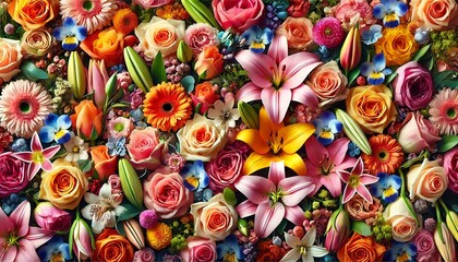 vibrant bouquet of mixed flowers including roses, lilies, and tulips, creating a lively and colorful background. Generative AI