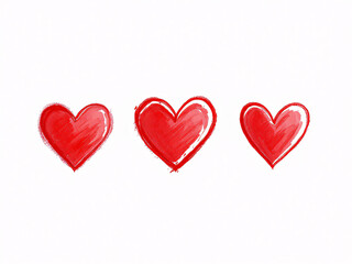 Three red hand-drawn hearts in a row on a white background.