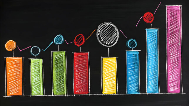 Colorful Bar Graph Illustration Shows Growth and Progress with Chalk Drawing on Blackboard