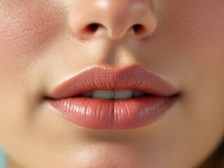 Fototapeta premium Close-up of glossy pink lips with smooth, shiny texture, exuding natural beauty and allure.