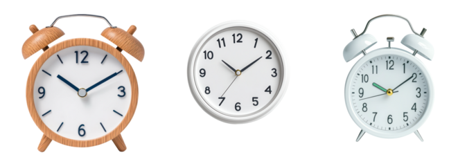 Three distinct alarm clocks showcase different styles, featuring wooden and metallic designs with clear faces and bold numbers.