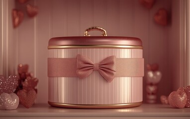 A charming pink gift box adorned with a delicate bow rests gracefully on a shelf, radiating love and anticipation for Valentine's Day surprises.
