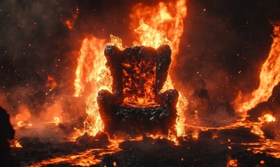 Fiery throne engulfed in flames, volcanic landscape, hellish background, fantasy art
