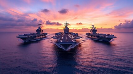Fototapeta premium Majestic naval vessels maneuvering in formation during a stunning sunset at sea