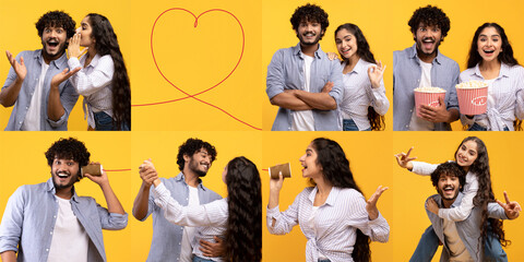 Obraz premium A multiracial couple celebrates love and happiness with playful interactions against a bright yellow background. They showcase affection through smiles, laughter, and sweet gestures.