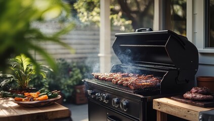 Grilling Delicious Barbecue Meats on a Sunny Outdoor Patio with Smoke Rising and Fresh Vegetables in the Background for a Perfect Summer Gathering