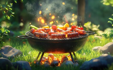 Grilling Delicious Sausages and Colorful Vegetables on a Charcoal Barbecue in a Lush Green Forest Setting with Smoky Ambiance and Flames
