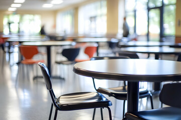 Empty Tables and Chairs Fill a Brightly Lit Cafeteria with Large Windows Blurry Background