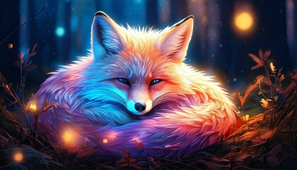  fox curled up in a shimmering forest
