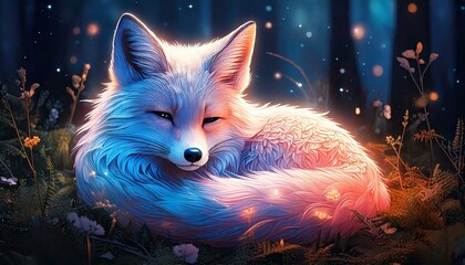  fox curled up in a shimmering forest