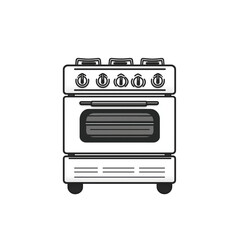 PNG cut out isolated background. A simple black-and-white illustration of a modern oven with stovetop burners, featuring a flat and clean design.