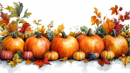 Watercolor Painting of Pumpkins and Autumn Leaves Creates a Festive Scene