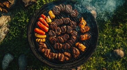 Grilling Fresh Meat and Colorful Vegetables on a Charcoal Barbecue: A Perfect Summer Gathering for Friends and Family Outdoors