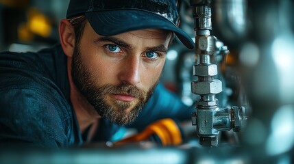 Skilled plumber fixing pipes under the sink in bathroom home service maintenance job with tools and uniform