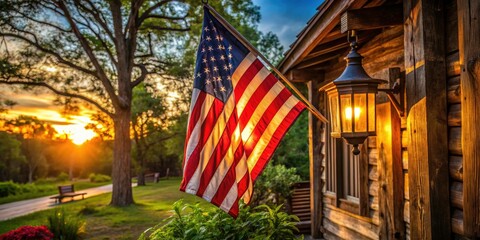 A Houston nature park's sunset bathes an American flag in patriotic glory near a Texas cabin.