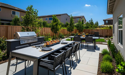 A modern backyard with a dining area, grill, and lush greenery for outdoor gatherings.
