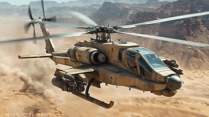 Military helicopter flying over a rugged desert landscape with mountain ranges in the background