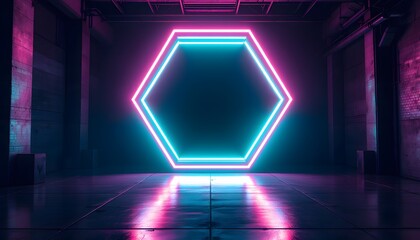 A neon-lit hexagon in an industrial space creates an atmosphere of mystery and possibility - suitable for futuristic tech events or sci-fi themed media