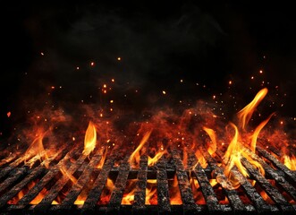 Intense Flames Dancing Above a Charred Grill Surface with Glowing Sparks Lighting Up the Dark Background Creating a Dramatic and Fiery Atmosphere