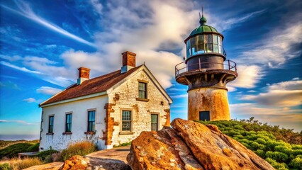 Detailed macro photography reveals Old Point Loma Lighthouse's 1855 textures and coastal setting.
