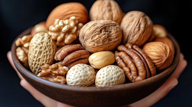 Assorted nuts displayed in a wooden bowl held by hands against a dark background