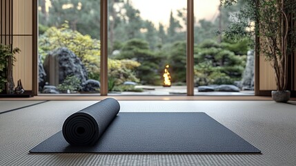 Relaxing yoga mat prepares for a serene morning practice in a tranquil Japanese garden setting