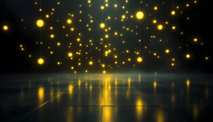 Golden orbs hanging against a dark backdrop create a mysterious and elegant atmosphere - hinting at possibility and magic - ideal for events, website backgrounds, and social media posts,