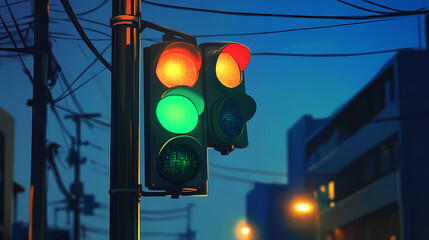 A traffic light with a clear view of the green light and surrounding street signs, highlighting an active and well-regulated intersection. Stonelight. Illustration