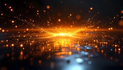 Fototapeta premium Golden particle explosion against dark backdrop conveys power, potential, and innovation�perfect for tech conferences, product launches, or sci-fi themed media