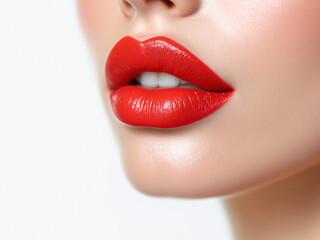 Fototapeta premium Lips, Red, Glossy, Kiss, Lipstick, Makeup, Beauty, Sensual, Close-up, Glamour, Sexy, Mouth, Cosmetics, Fashion, Passion, Desire, Attractive, Feminine, Bold, Vibrant, Alluring, Pout, Smile, Love, Roman