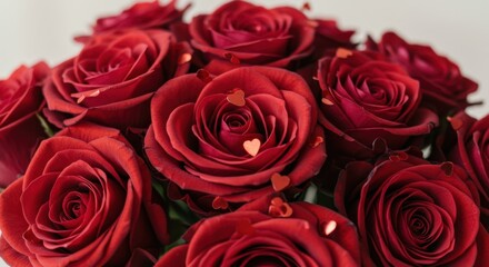 Obraz premium Vibrant red roses with heart confetti: symbolizing love and passion