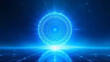 Obraz premium Glowing blue circular digital eye pattern in the cosmos, conveys high tech and innovation, suitable for presentations, tech events, or digital media content,
