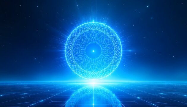 Glowing blue circular digital eye pattern in the cosmos, conveys high tech and innovation, suitable for presentations, tech events, or digital media content,