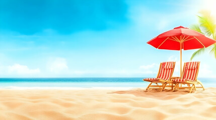 Two beach chairs sit under a red umbrella on a sunny beach with a blue sky and clear water.