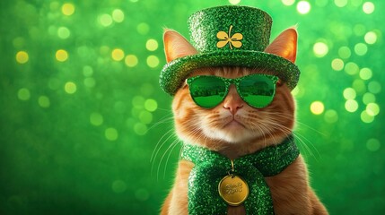 Cute cat wearing green hat and sunglasses for st. patrick's day, symbolizing irish celebration and festive fun
