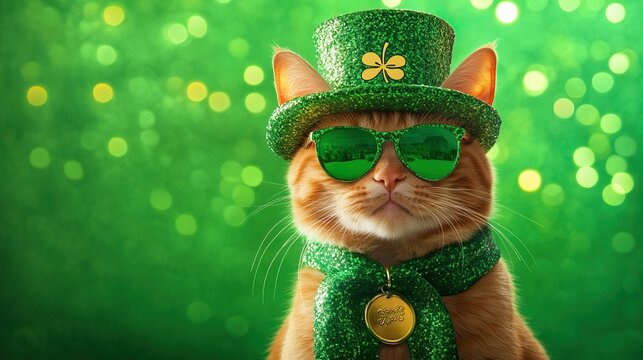 Cute cat wearing green hat and sunglasses for st. patrick's day, symbolizing irish celebration and festive fun