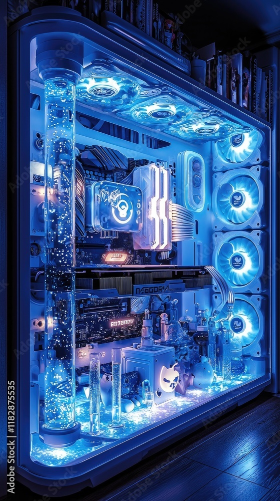 Poster illuminated custom built computer case with liquid cooling system